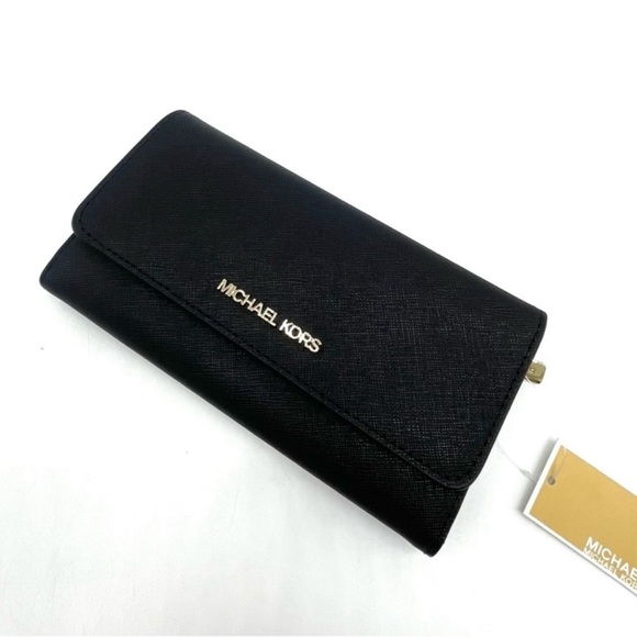 Michael Kors Large  Trifold Wallet Black/Gold - Picture 1 of 8